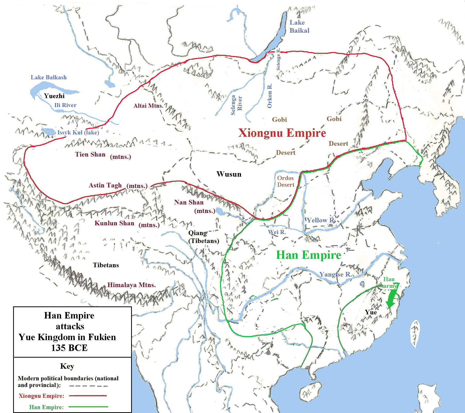 Map showing Chinese attack against Yue kingdom in Fukien in 135 BCE