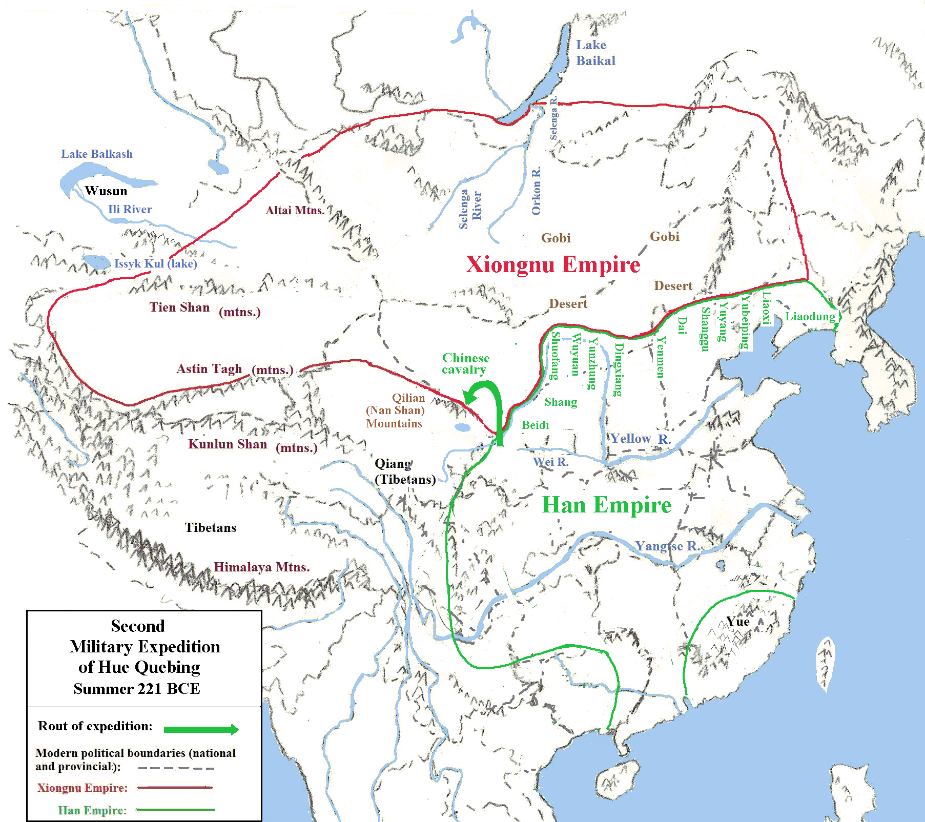 Map showing Huo Qubing's expedition in early 121 BCE