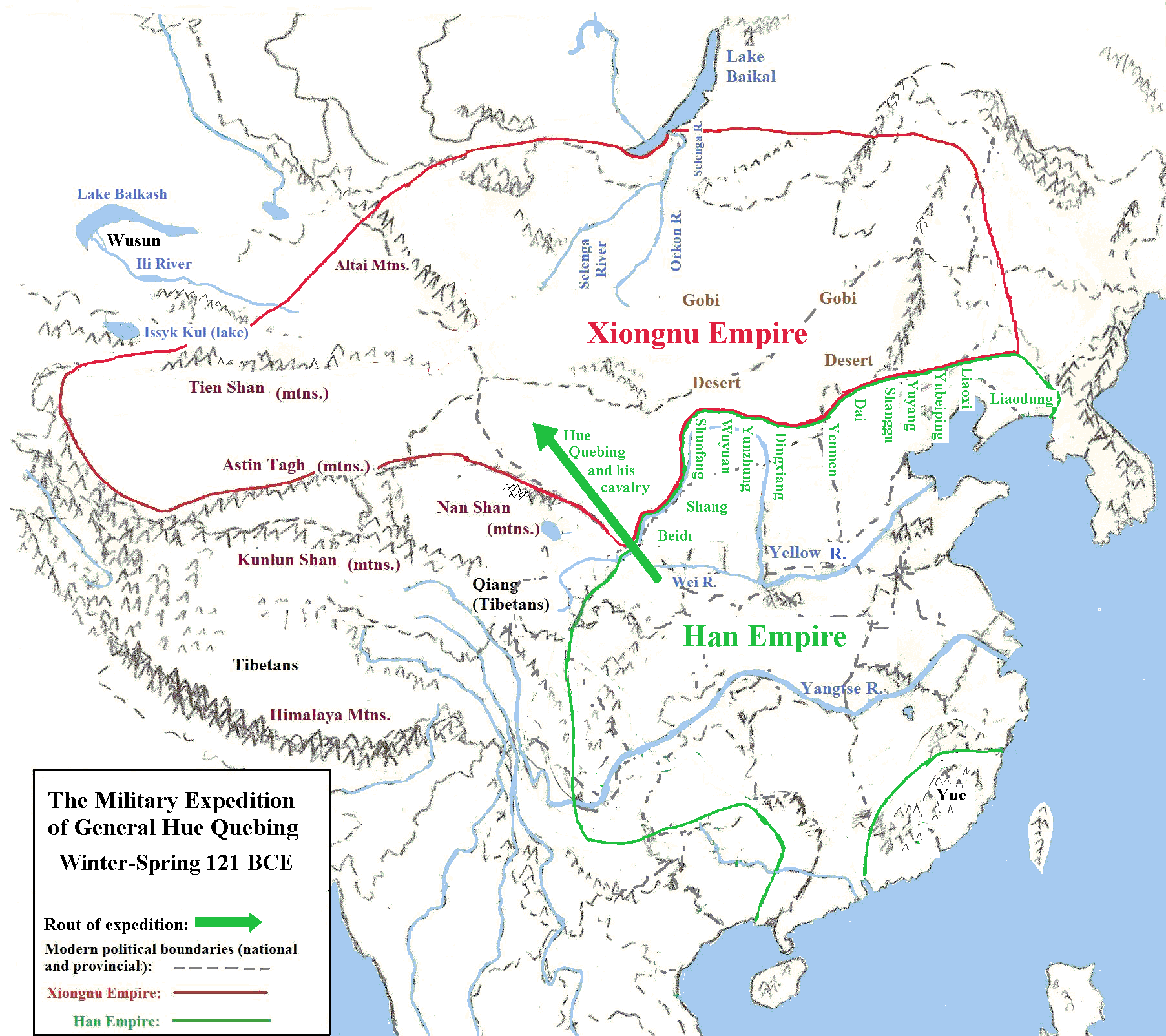 Map showing Chinese military expedition in winter to spring 121 BCE