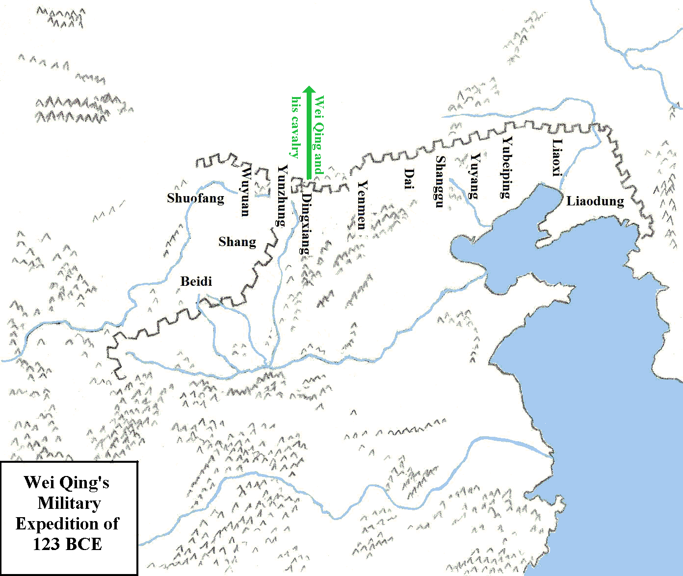 Map showing Wei Qing's expedition in 123 BCE