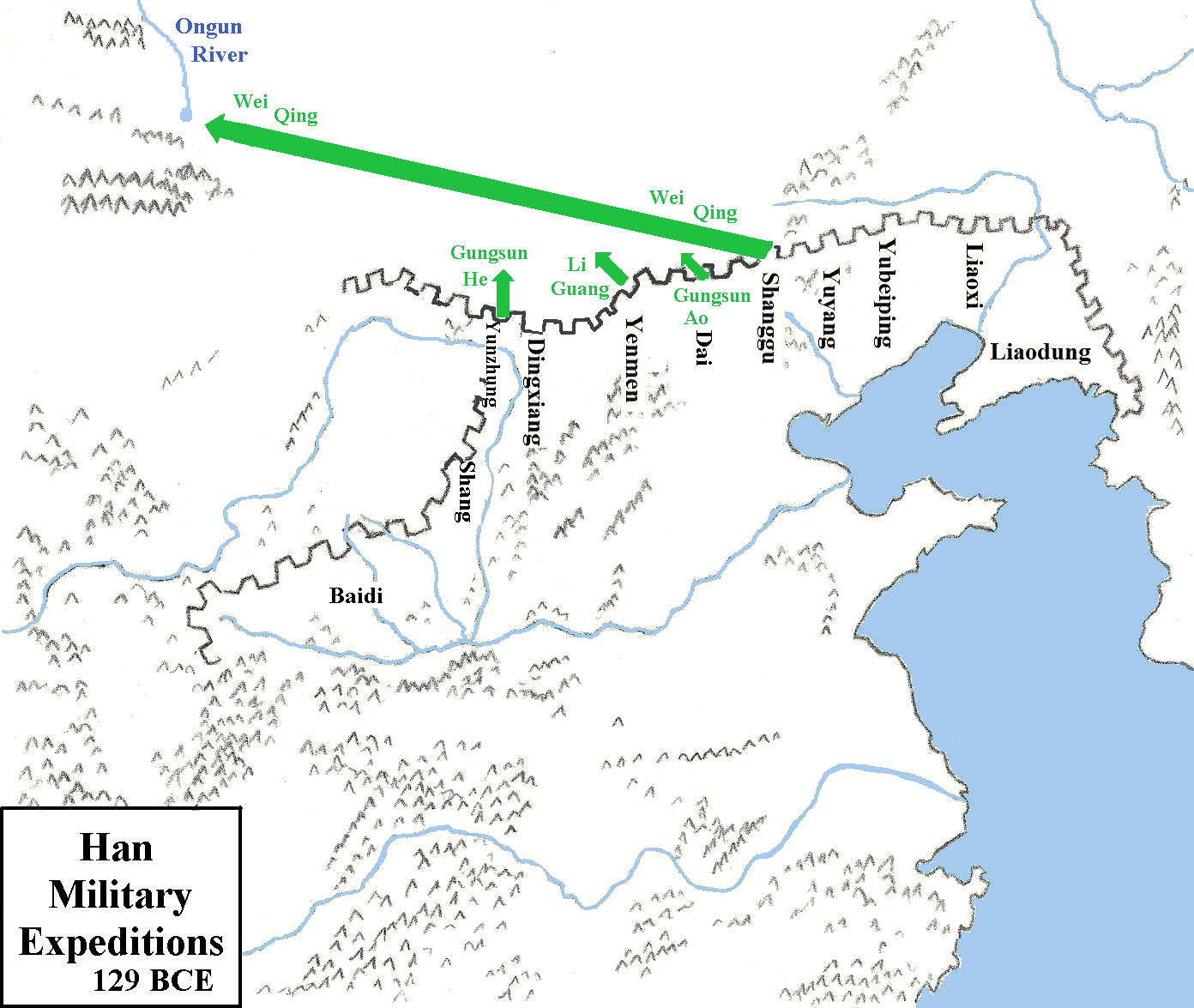 Map showing Chinese military expeditions in 129 BCE