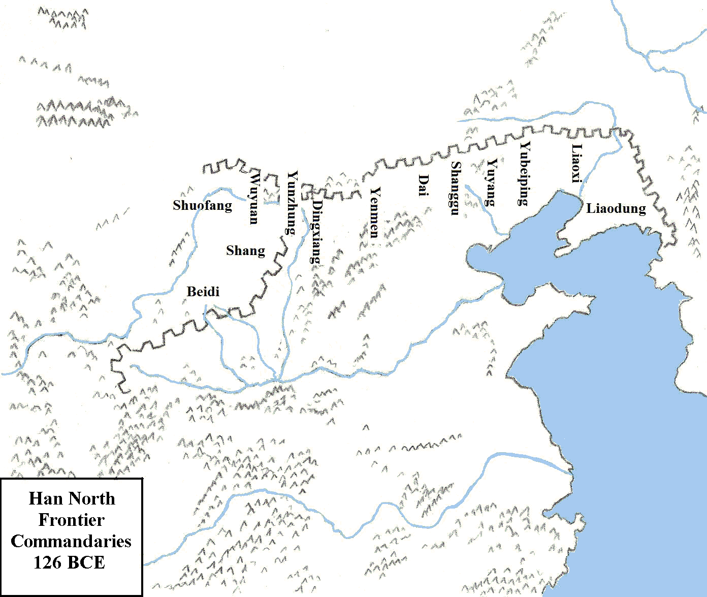 Map showing general locations of the Han Empire commandaries adjacent to the Xiongnu border in 126 BCE.