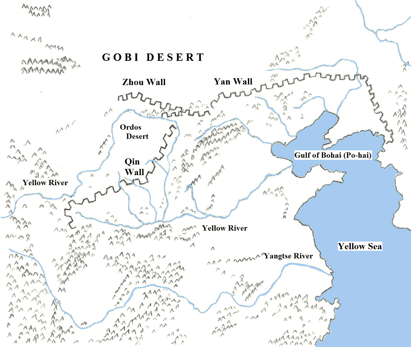 Map of long walls of China in 220 BCE