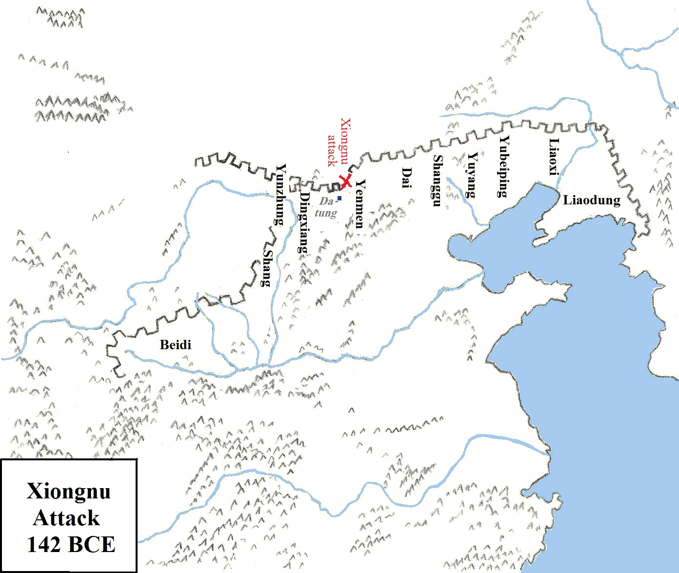 Map showing location of Xiongnu attack in 142 BCE
