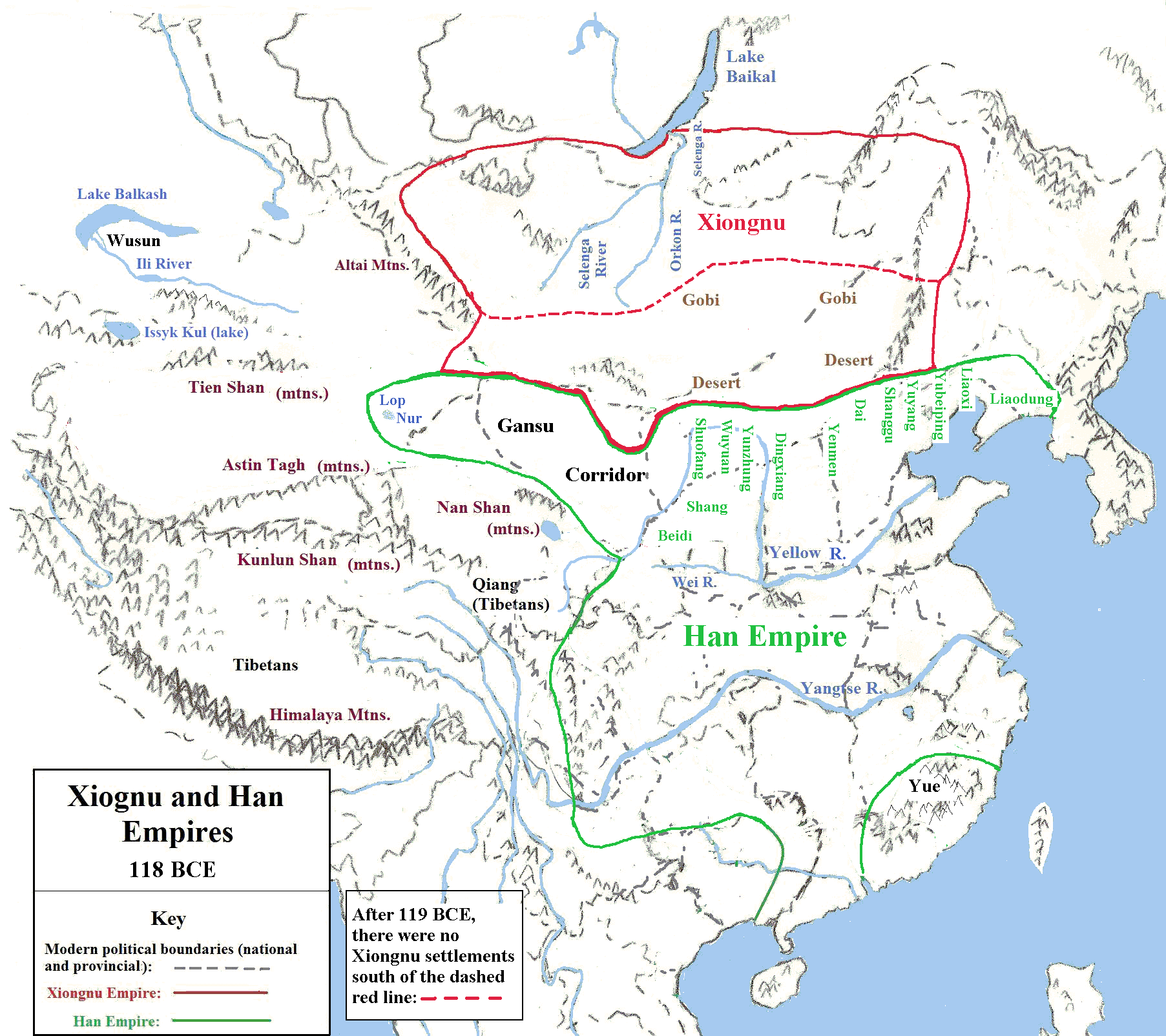 Map of Han and Xiongnu Empires in 118 BCE