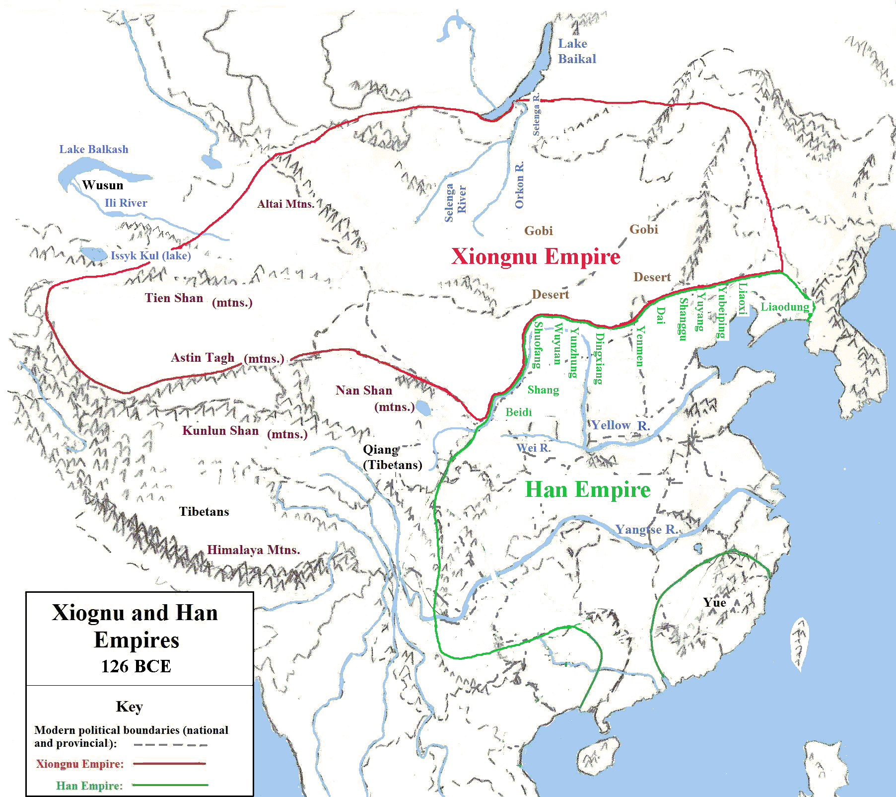 Map showing Xiongnu and<br /> Han Empires in 126 BCE.