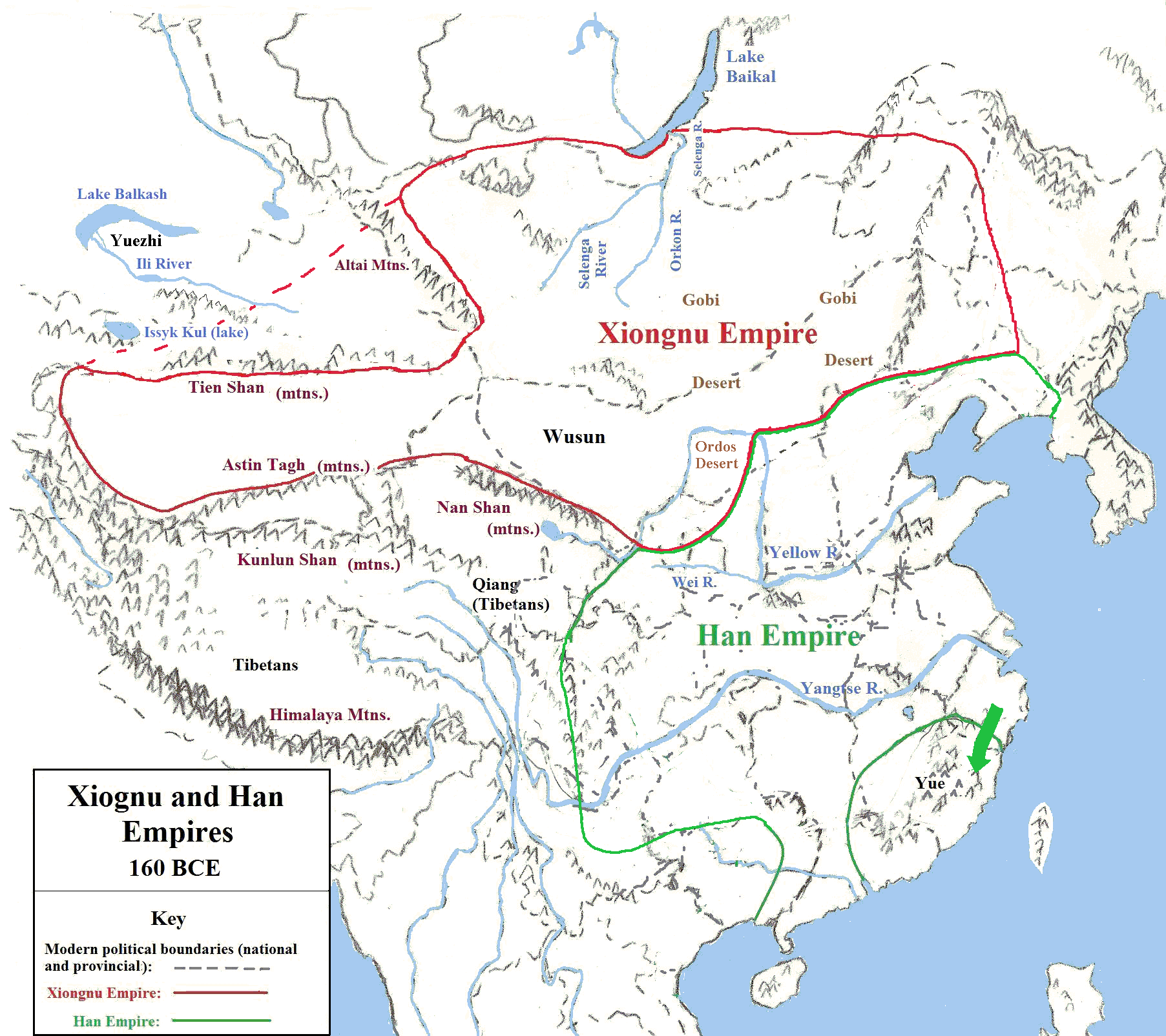 Map of Xiongnu Empire in 160 BCE