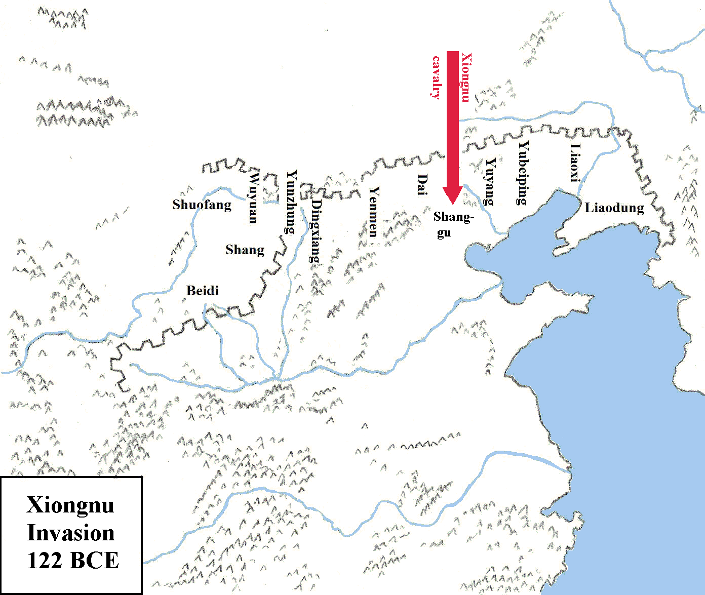 Map of Xiongnu invasion in 122 BCE