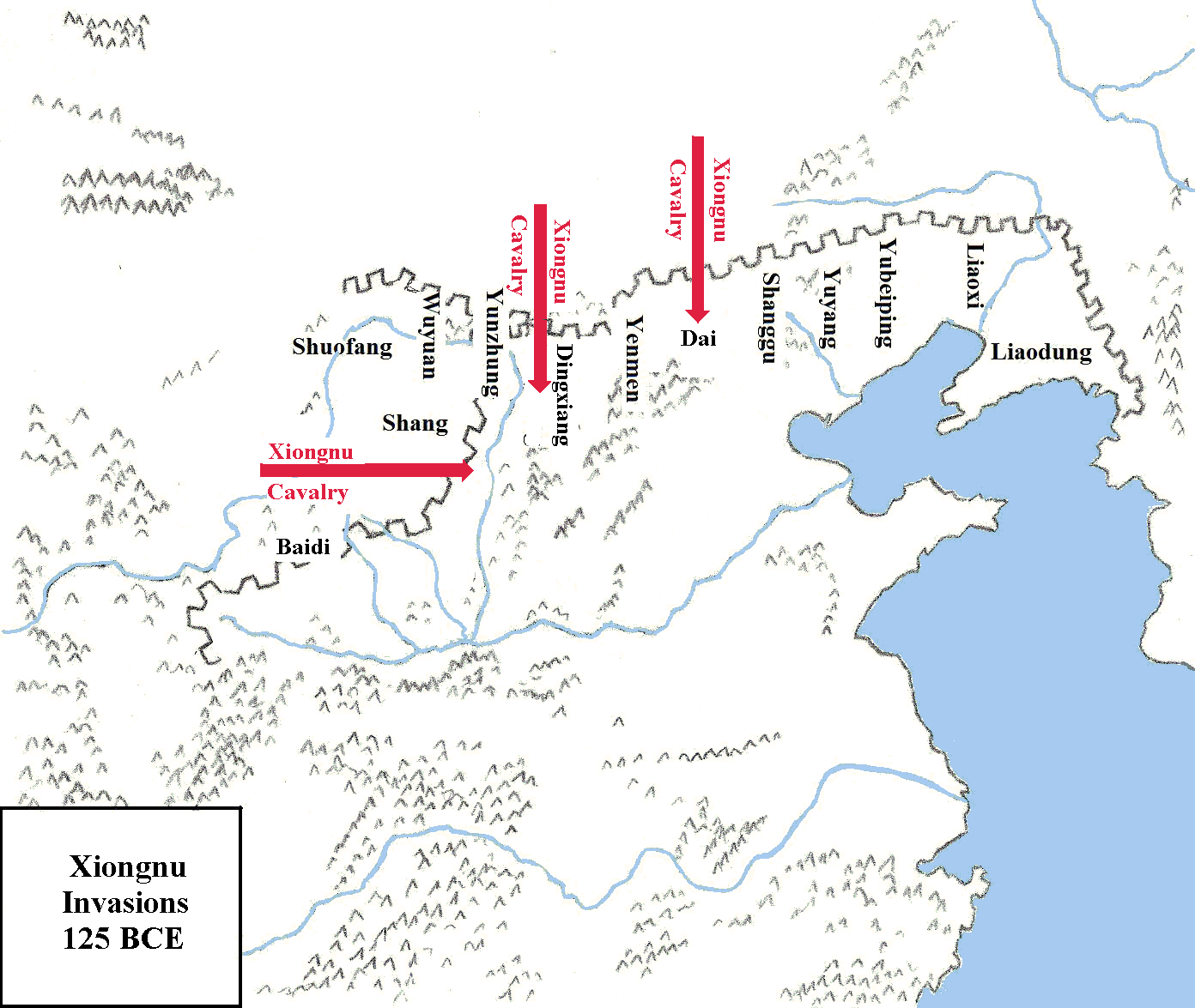 Map showing Xiongnu invasion in 126 BCE