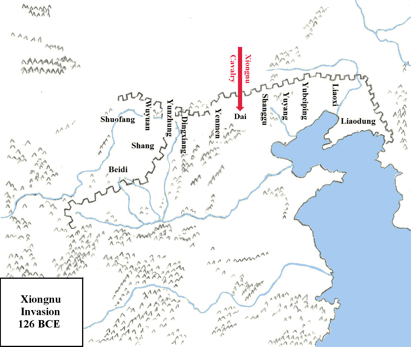 Map of Xiongnu invasion in 126 BCE