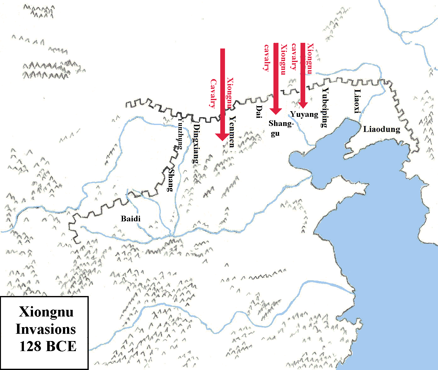 Map of Xiongnu invasion in 128 BCE