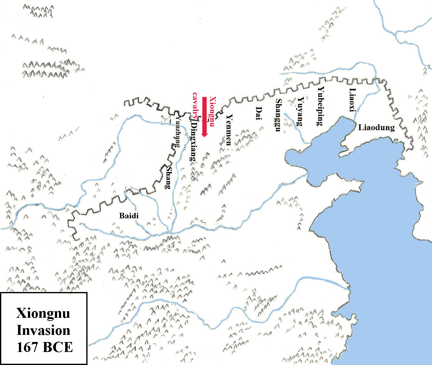 Map of Xiongnu invasions in 177 BCE