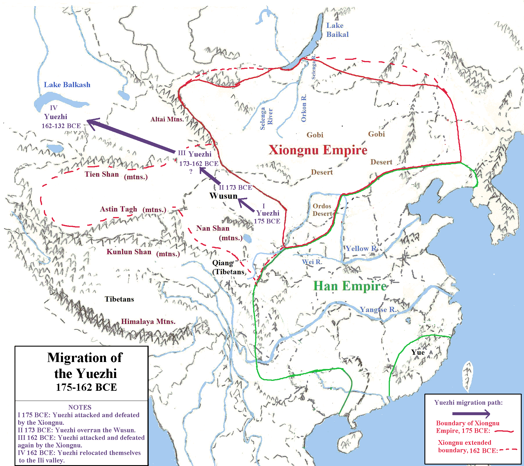 Map showing Yuezhi migration from 175 to 161 BCE